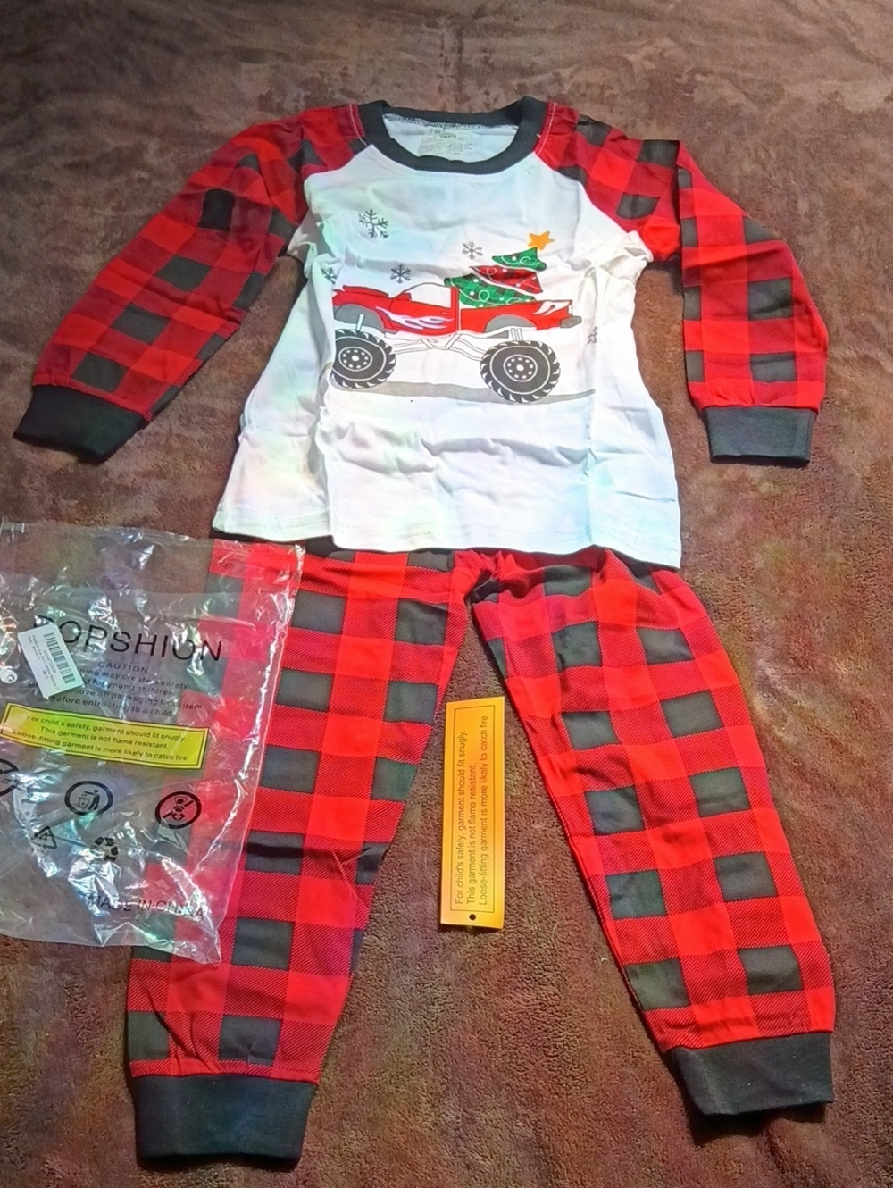 Kids Red Buffalo Plaid Pajama Set with Holiday Truck Graphic